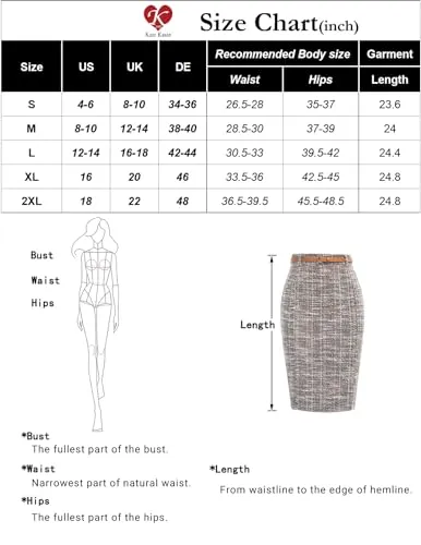 Kate Kasin Women's Knee Length Bodycon Tweed Pencil Skirt with Belt Hip-Wrapped Business Casual Split Skirts Black L