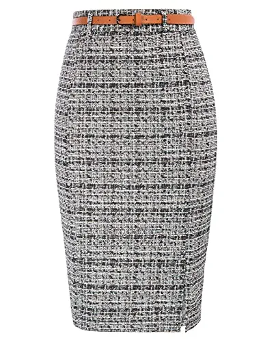 Kate Kasin Women's Knee Length Bodycon Tweed Pencil Skirt with Belt Hip-Wrapped Business Casual Split Skirts Black L