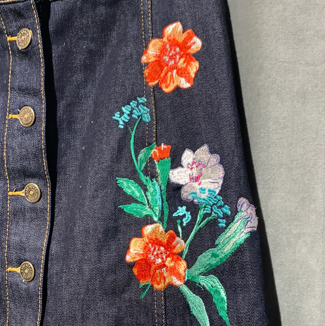 Kate Spade Denim Floral Embroidered A Line Denim Button Skirt
