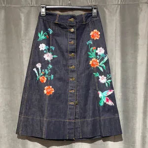 Kate Spade Denim Floral Embroidered A Line Denim Button Skirt