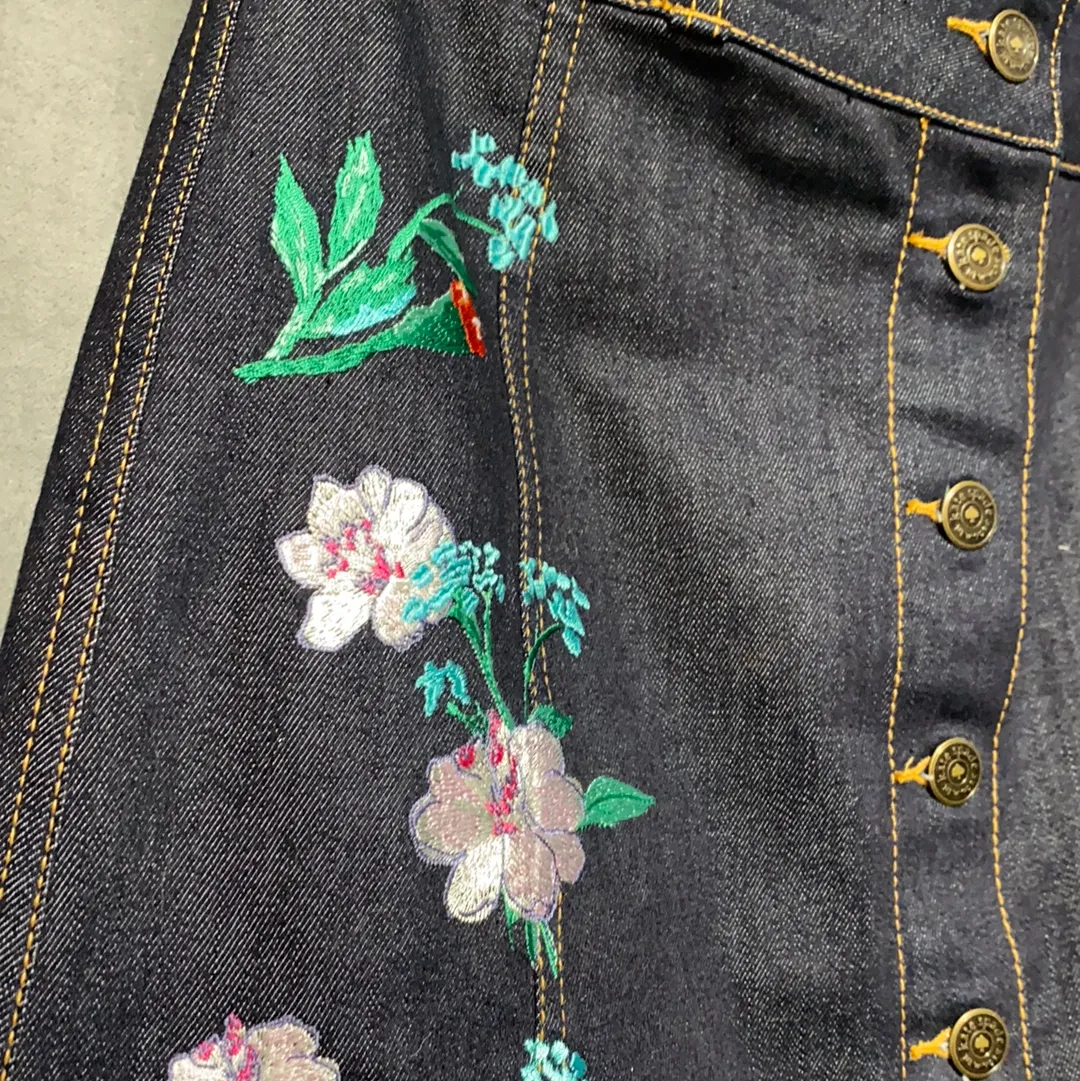 Kate Spade Denim Floral Embroidered A Line Denim Button Skirt