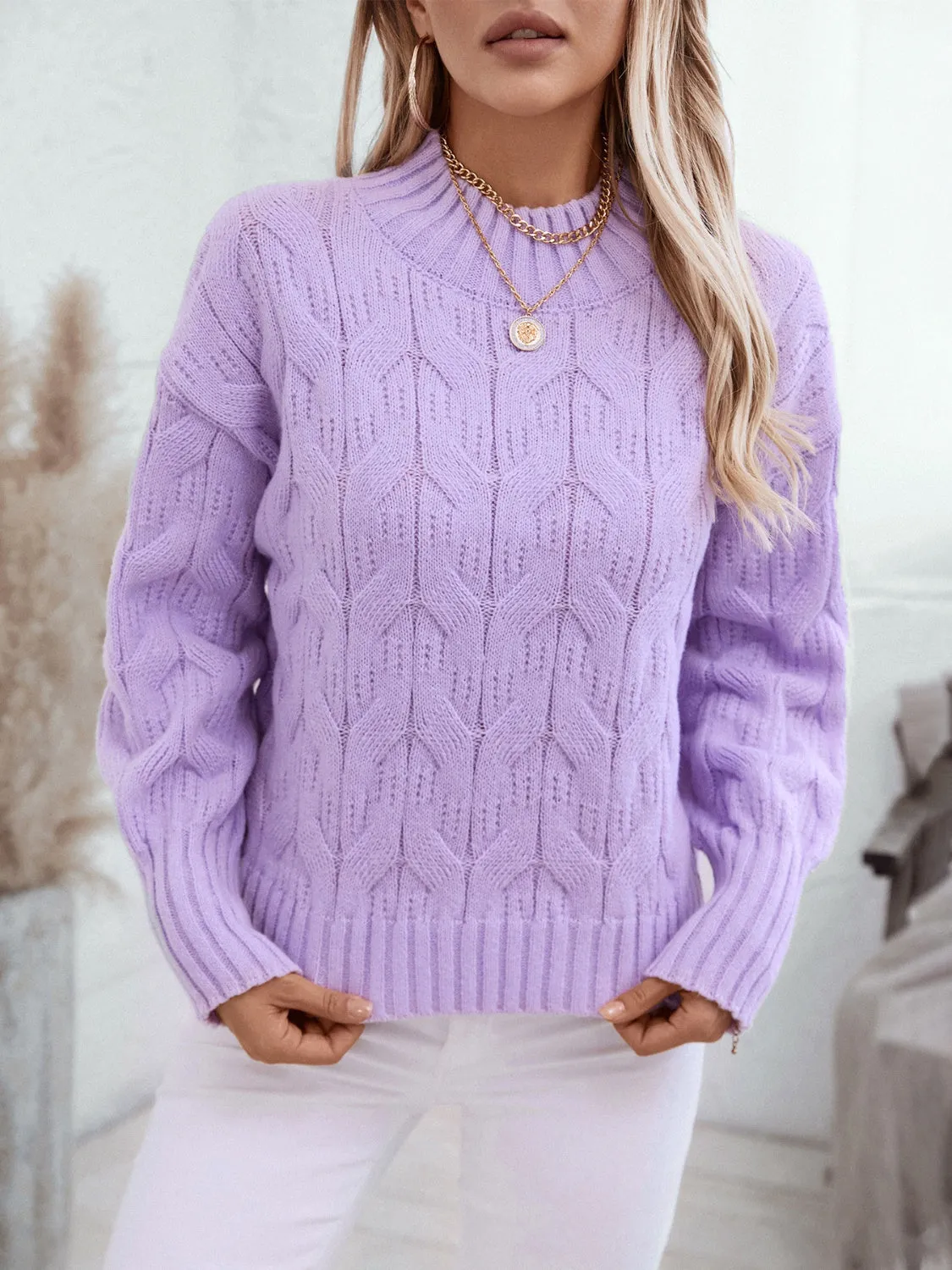 Katrina Cable Knit Mock Neck Long Sleeve Sweater