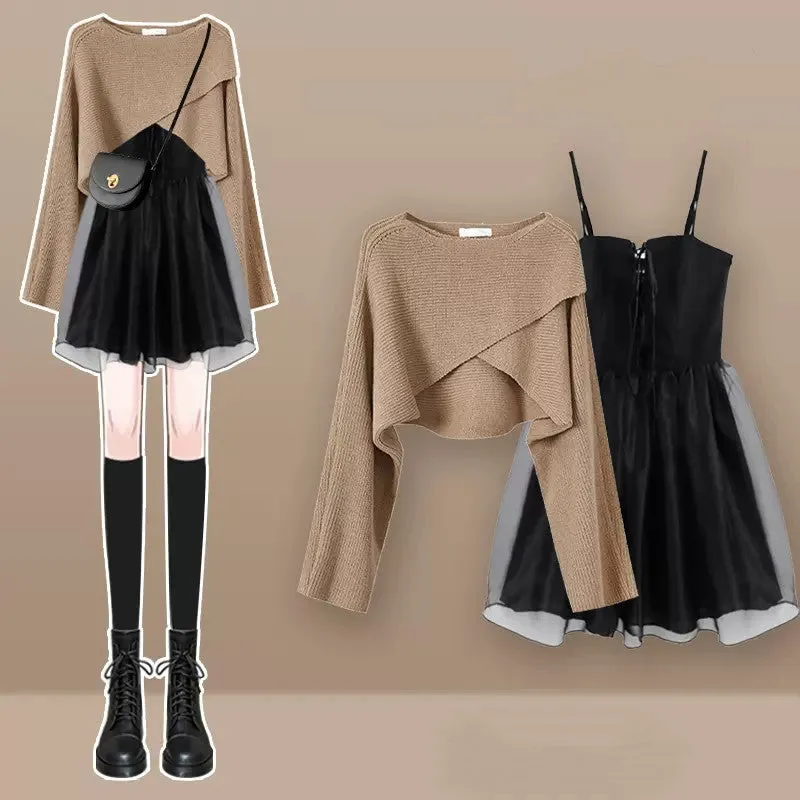 Knitted sweater   suspender dress 2-piece set UB98568