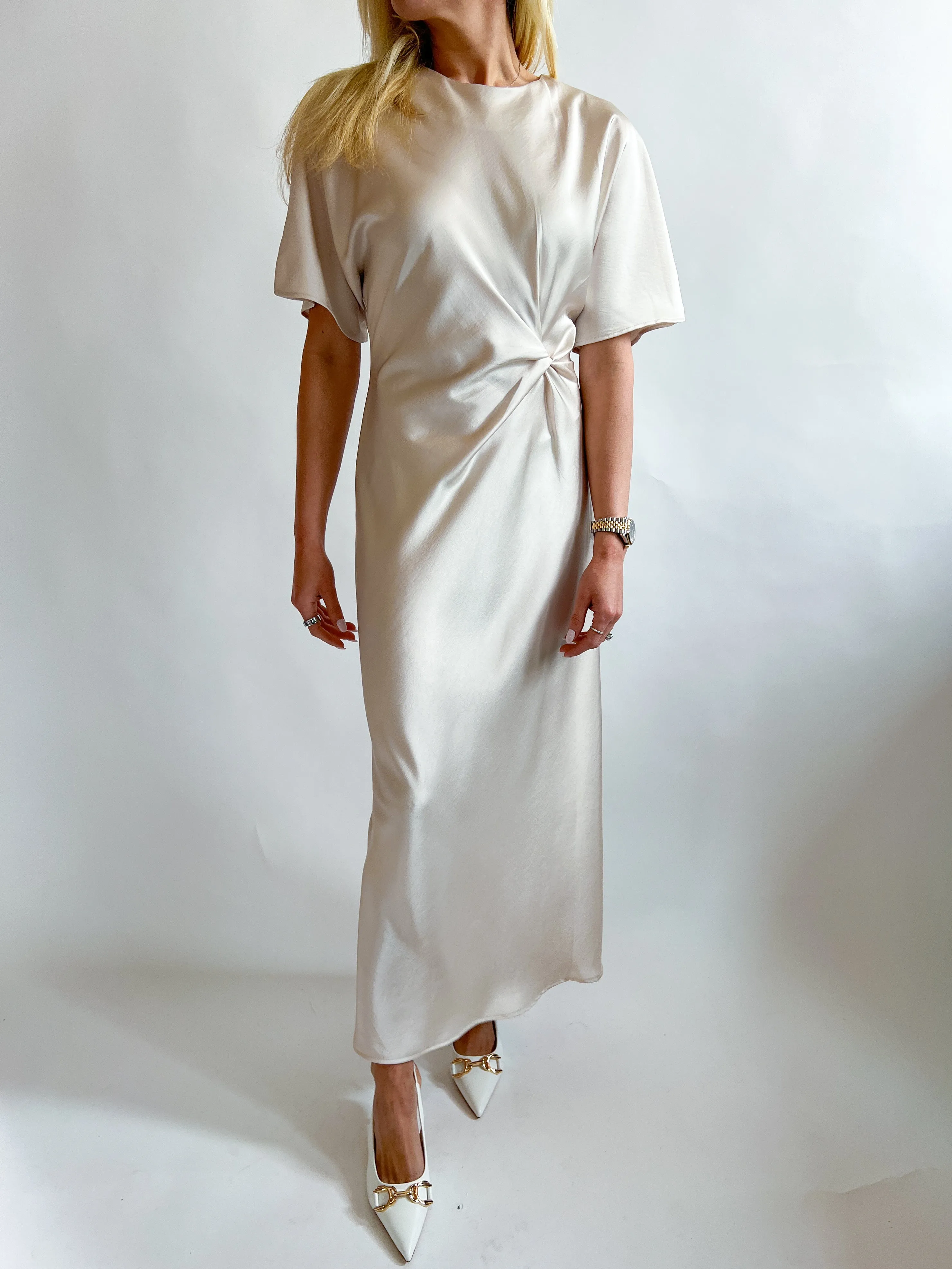 Knotted Satin Midi Dress