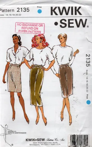 Kwik Sew 2135 Womens EASY Skirts 1990s Vintage Sewing Pattern Size 14 - 22 UNCUT Factory Folded