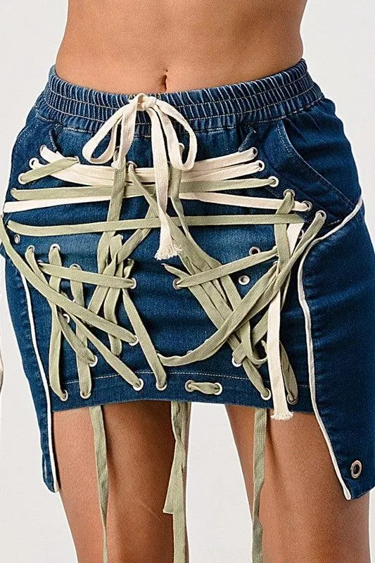 LACE UP DENIM DETAILED MINI SKIRT