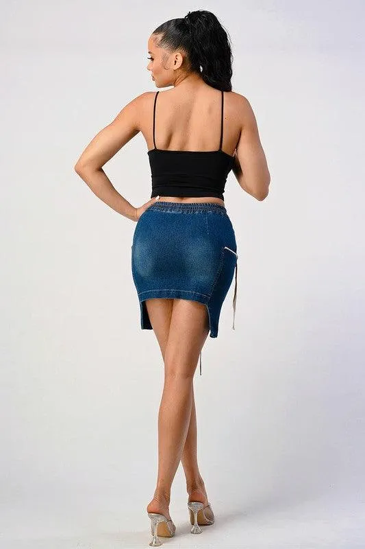 LACE UP DENIM DETAILED MINI SKIRT