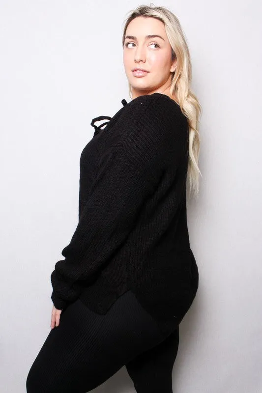 LACE UP KNIT SWEATER TOP | CURVY | black|