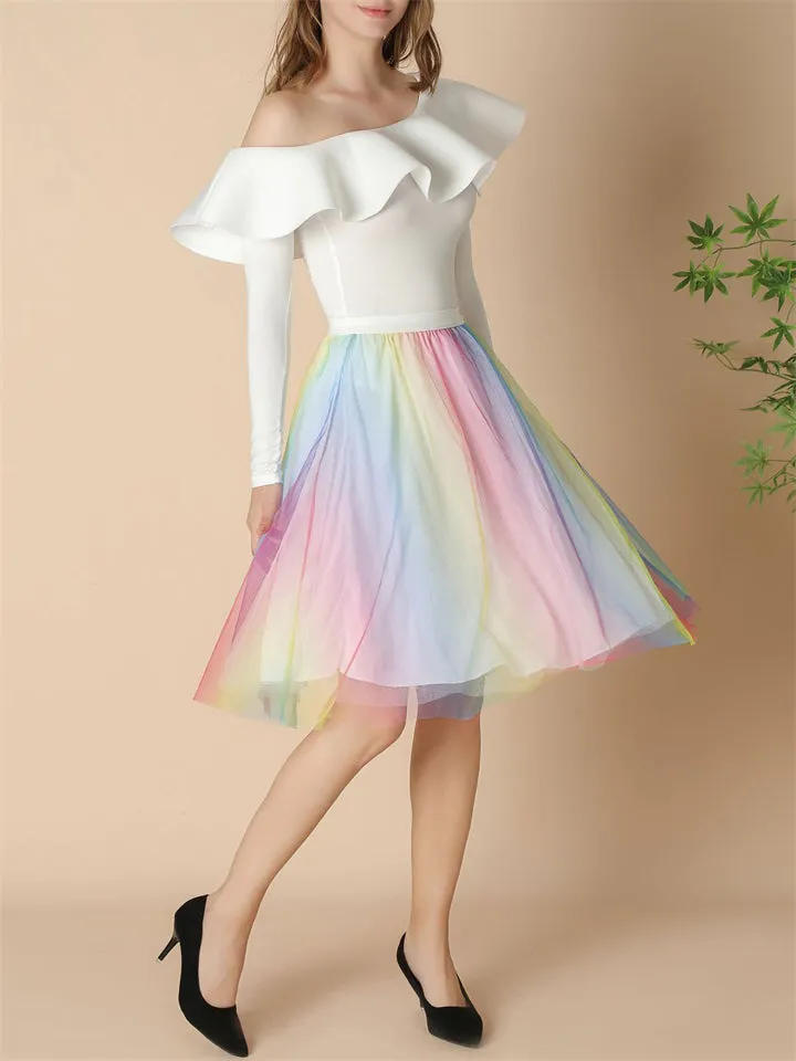Ladies Elastic Waist Polka Dot Heart Print A-line Skirts