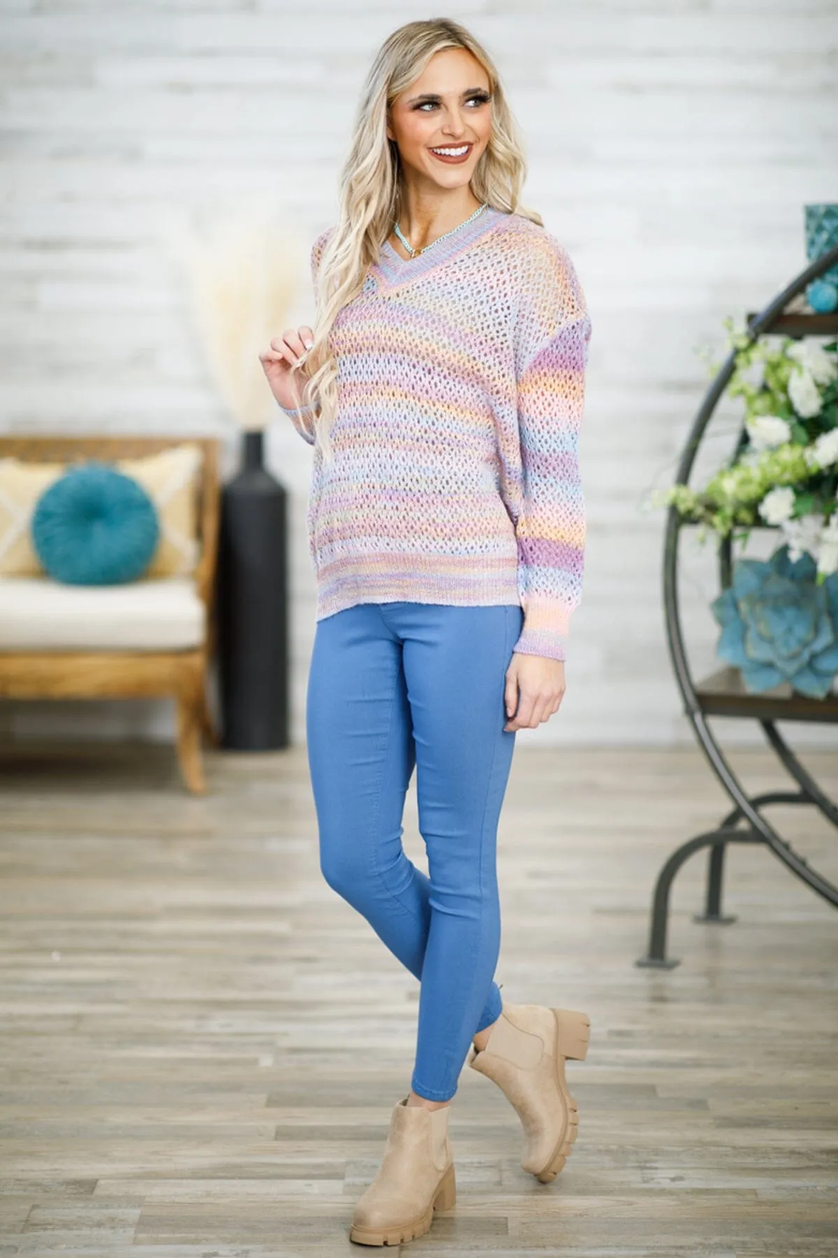 Lavender and Orange Ombre V-Neck Sweater
