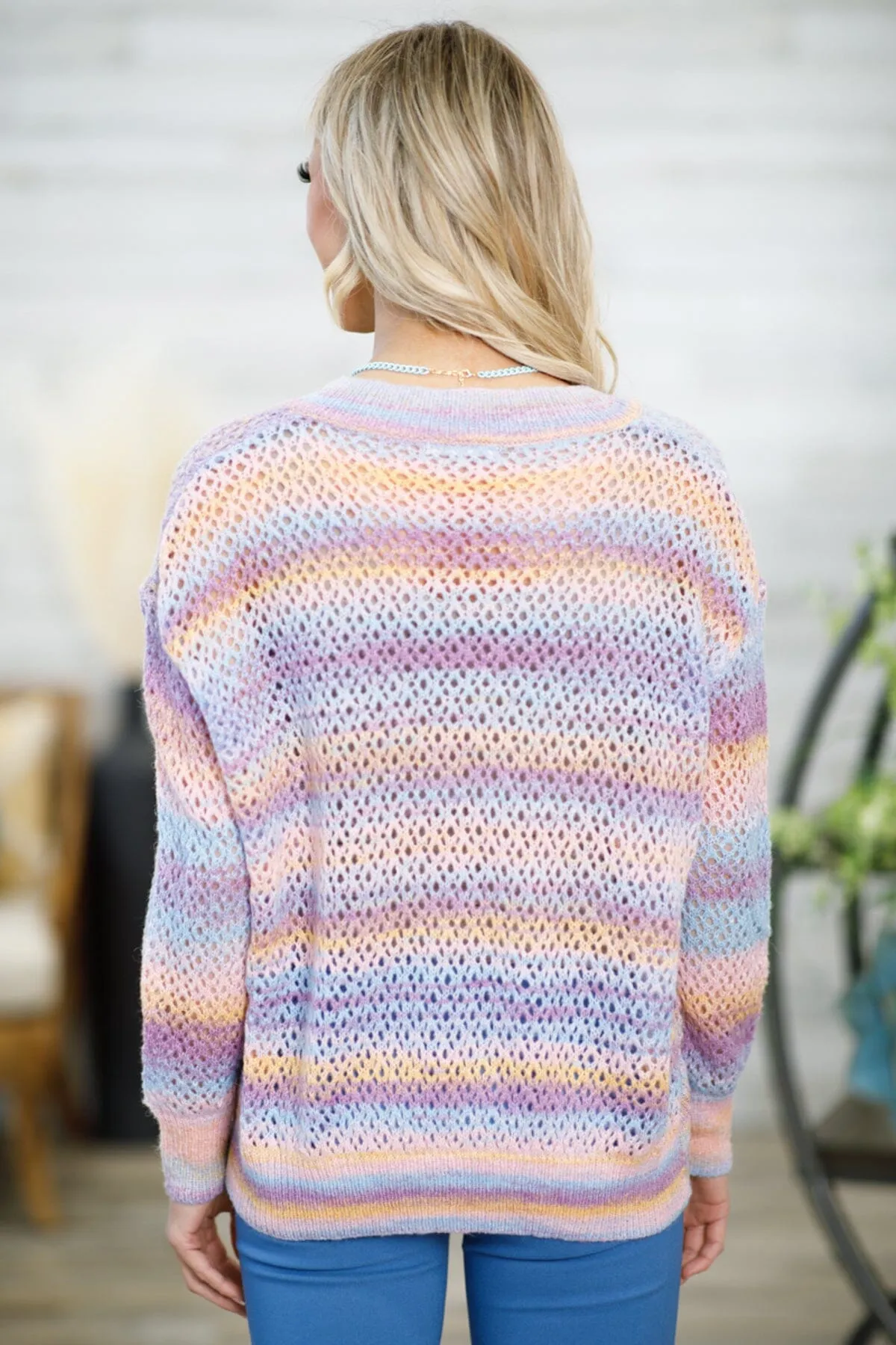 Lavender and Orange Ombre V-Neck Sweater