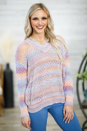 Lavender and Orange Ombre V-Neck Sweater