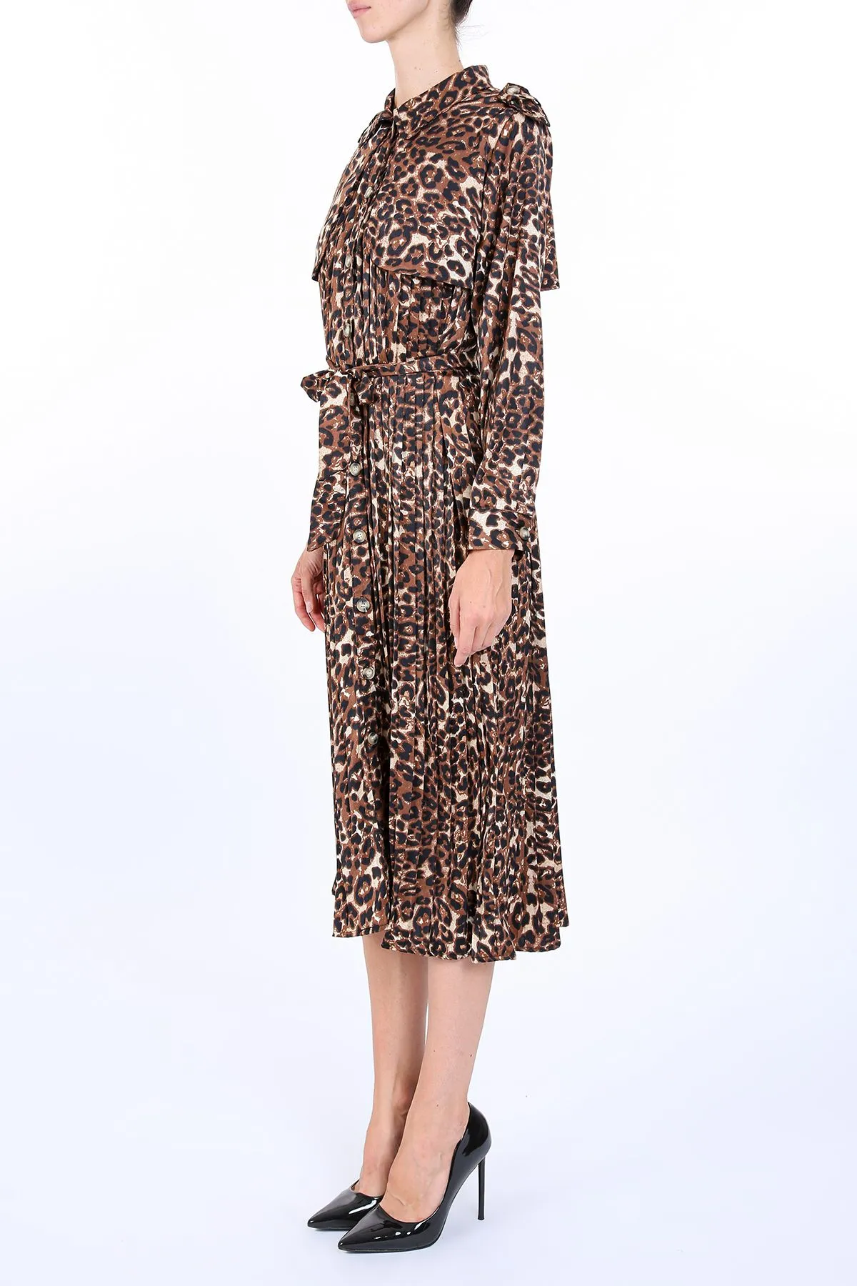 Leopard Print Pleat Belted Storm Flap Midi Dress