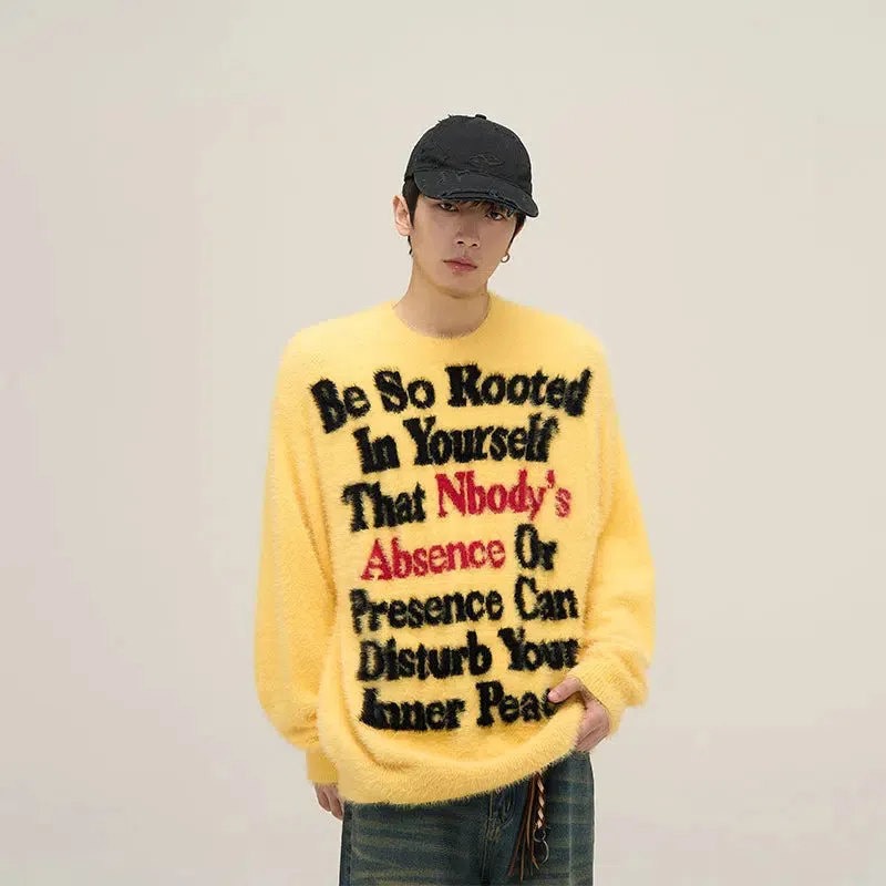 Letter Printed Round Neck Mink Fur Sweater