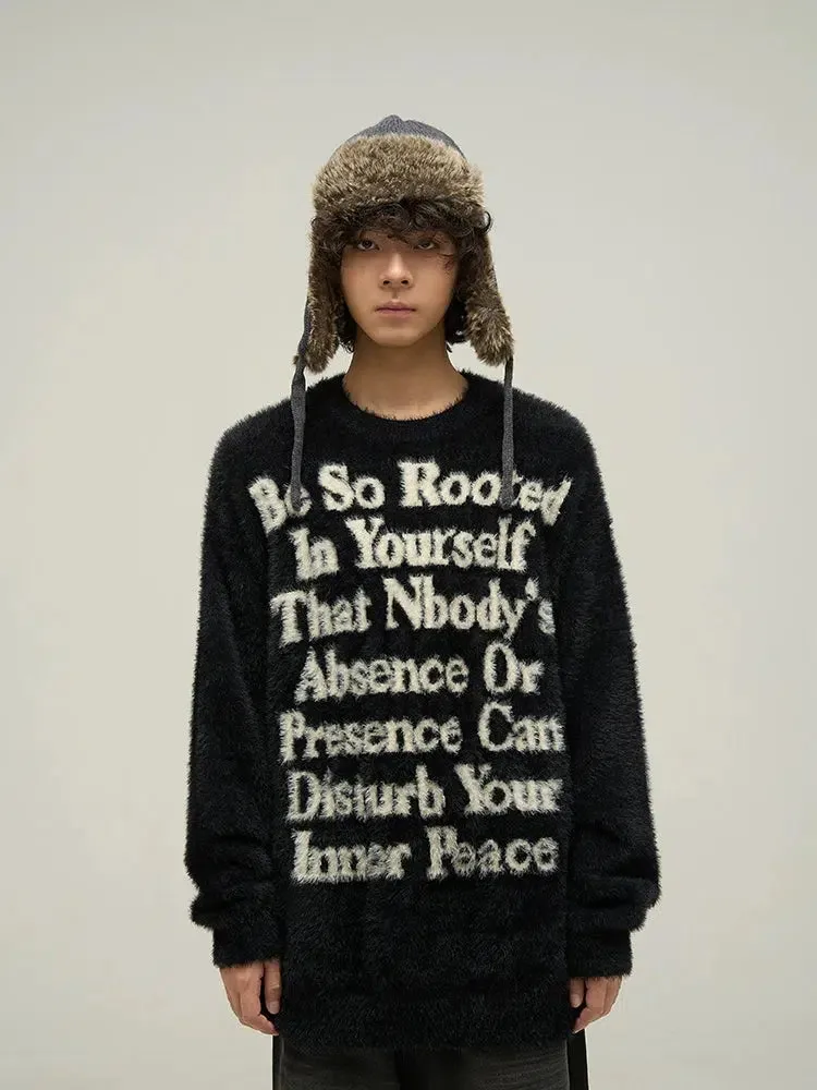 Letter Printed Round Neck Mink Fur Sweater