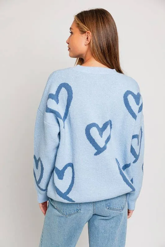 Long Sleeve Round Neck Heart Printed Sweater