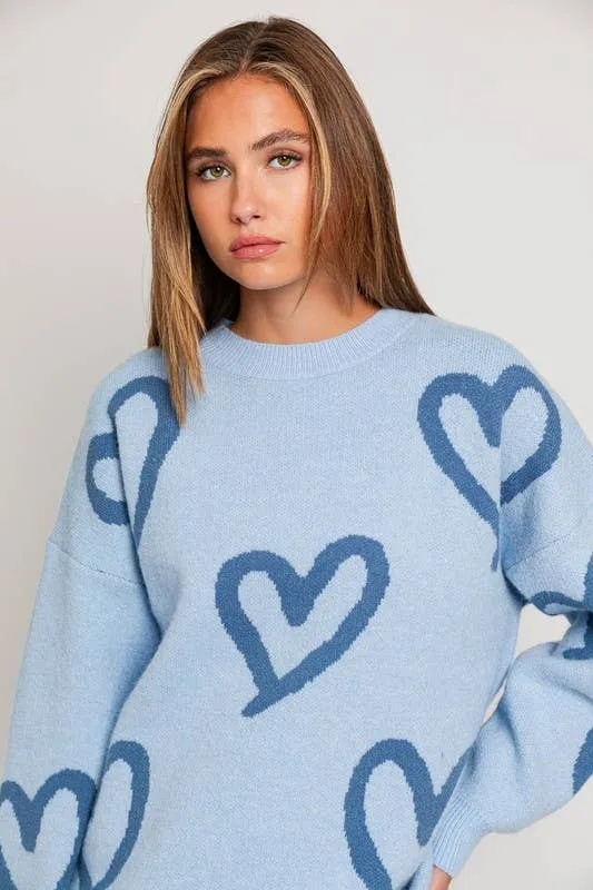 Long Sleeve Round Neck Heart Printed Sweater