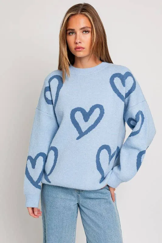 Long Sleeve Round Neck Heart Printed Sweater