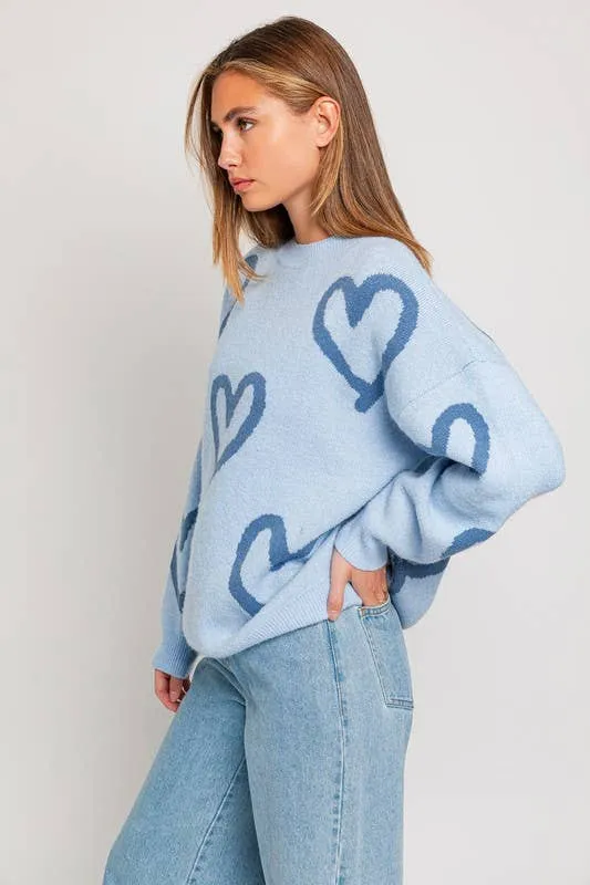 Long Sleeve Round Neck Heart Printed Sweater