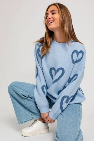 Long Sleeve Round Neck Heart Printed Sweater