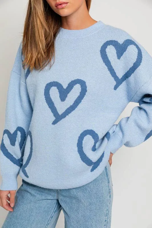 Long Sleeve Round Neck Heart Printed Sweater