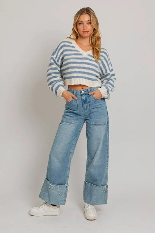 Long Sleeve V-Neck Striped Cropped Sweater