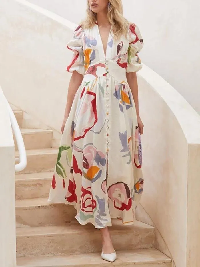 Long Sleeves Chiffon Floral Long Dresses