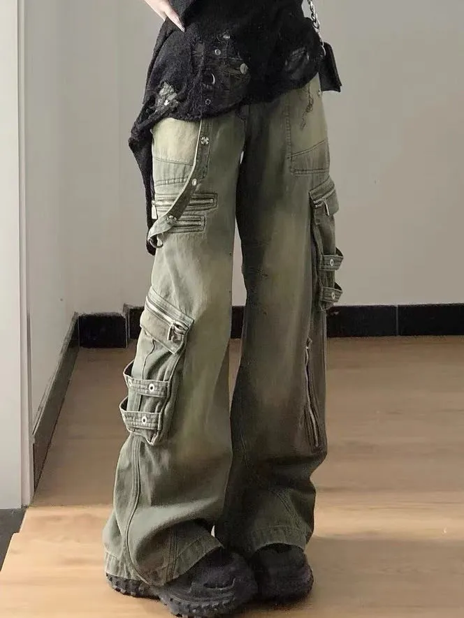 Loose Retro Washed Cargo Jeans Streetwear for Women Zipper Baggy Pants Hip Hop Pants Multi-pocket Wide Leg Denims
