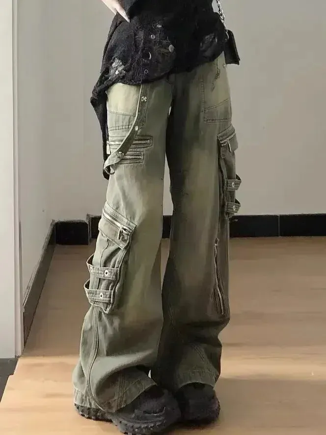 Loose Retro Washed Cargo Jeans Streetwear for Women Zipper Baggy Pants Hip Hop Pants Multi-pocket Wide Leg Denims