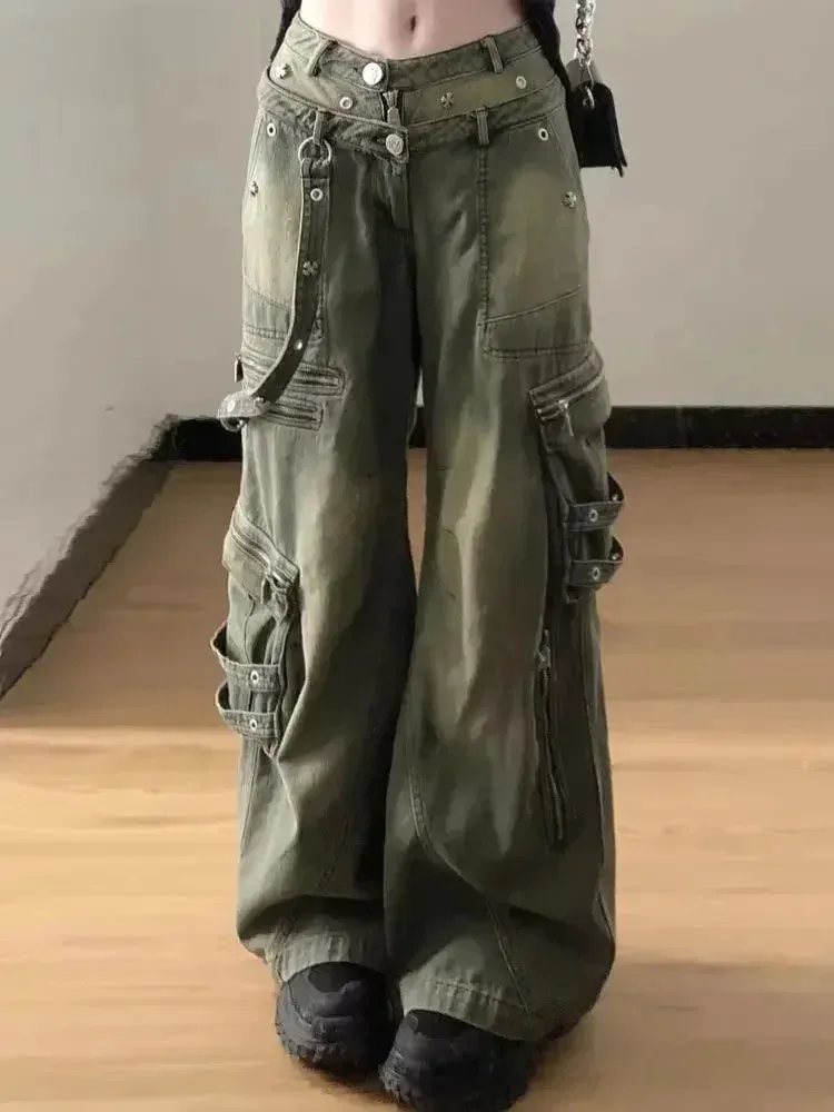 Loose Retro Washed Cargo Jeans Streetwear for Women Zipper Baggy Pants Hip Hop Pants Multi-pocket Wide Leg Denims