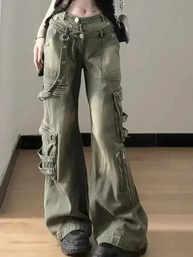 Loose Retro Washed Cargo Jeans Streetwear for Women Zipper Baggy Pants Hip Hop Pants Multi-pocket Wide Leg Denims