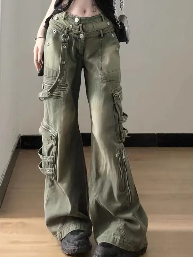 Loose Retro Washed Cargo Jeans Streetwear for Women Zipper Baggy Pants Hip Hop Pants Multi-pocket Wide Leg Denims
