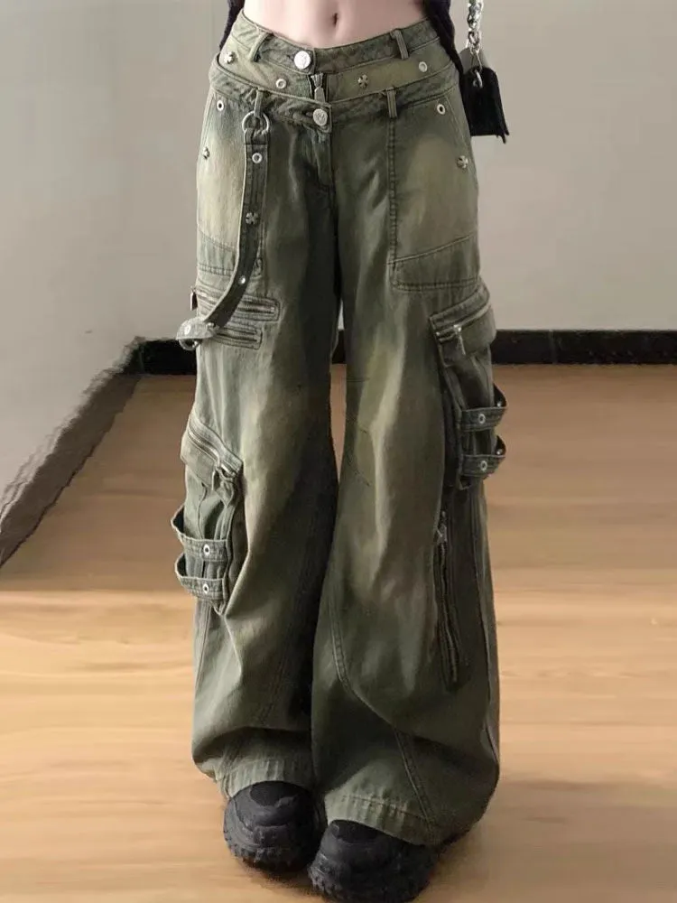 Loose Retro Washed Cargo Jeans Streetwear for Women Zipper Baggy Pants Hip Hop Pants Multi-pocket Wide Leg Denims