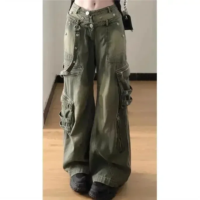 Loose Retro Washed Cargo Jeans Streetwear for Women Zipper Baggy Pants Hip Hop Pants Multi-pocket Wide Leg Denims