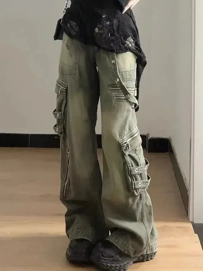 Loose Retro Washed Cargo Jeans Streetwear for Women Zipper Baggy Pants Hip Hop Pants Multi-pocket Wide Leg Denims