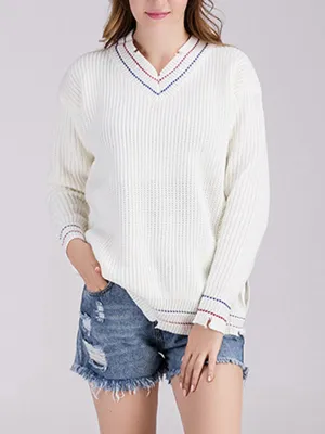 Loose V-neck Pullover Side Hole Knit Sweater Long Sleeve