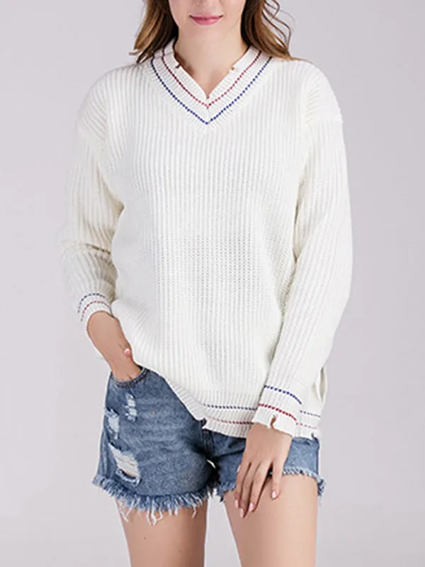 Loose V-neck Pullover Side Hole Knit Sweater Long Sleeve
