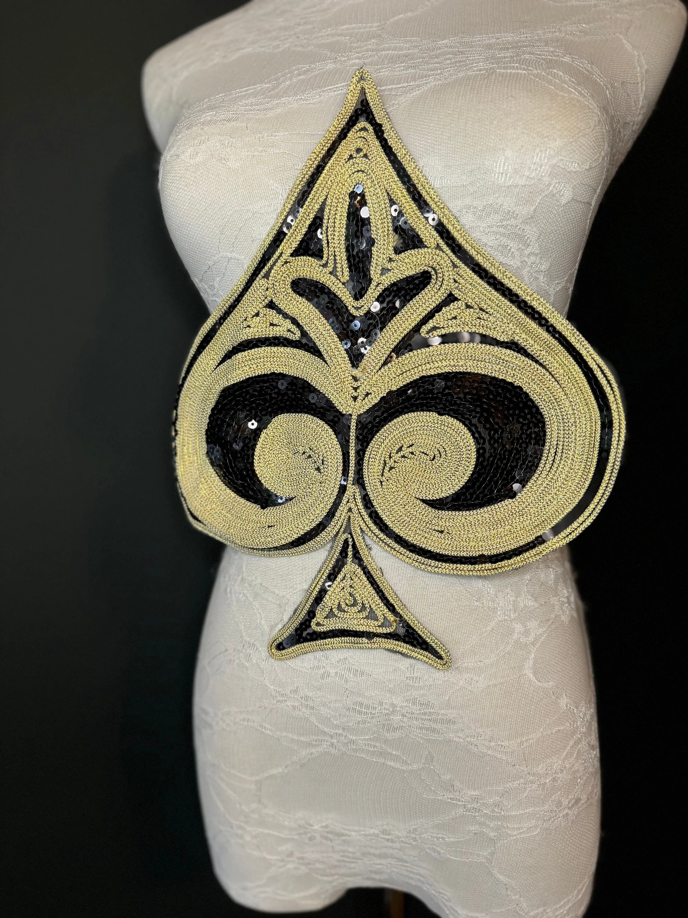 Lurex Motif, Spades, Ace of Spades, Motif, Sew on, Sequins, Crafts, Furnishings, Bags, Clothing, Costume, Fashion, Gold, Black,