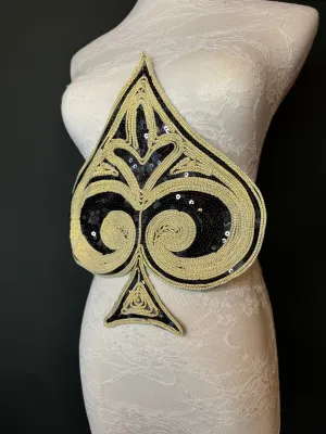 Lurex Motif, Spades, Ace of Spades, Motif, Sew on, Sequins, Crafts, Furnishings, Bags, Clothing, Costume, Fashion, Gold, Black,