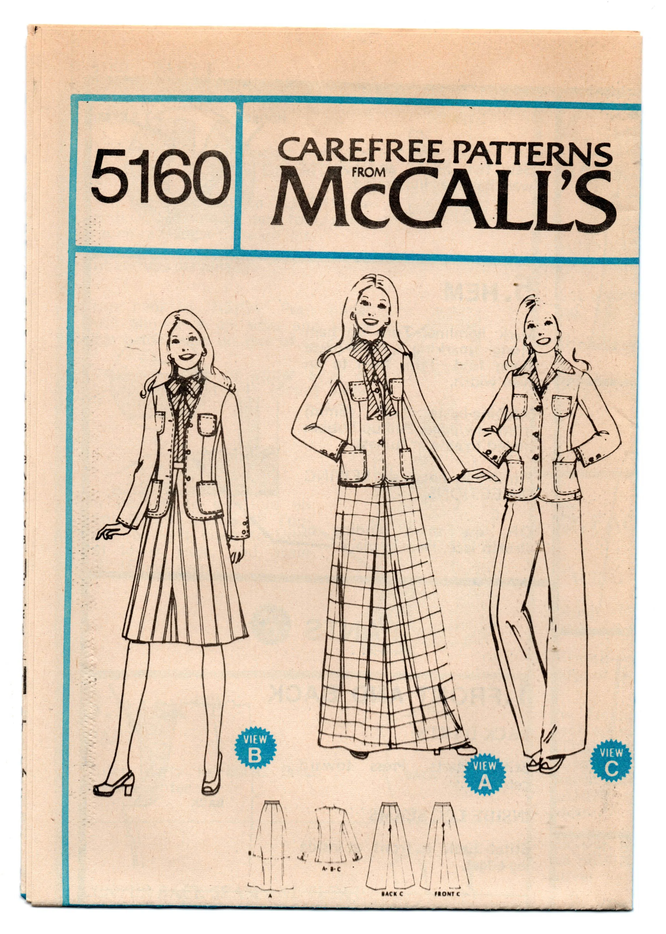McCall's 5160 Marlo's Corner Womens Jacket Maxi Skirt & Pants 1970s Vintage Sewing Pattern Size 10 UNCUT Factory Folded