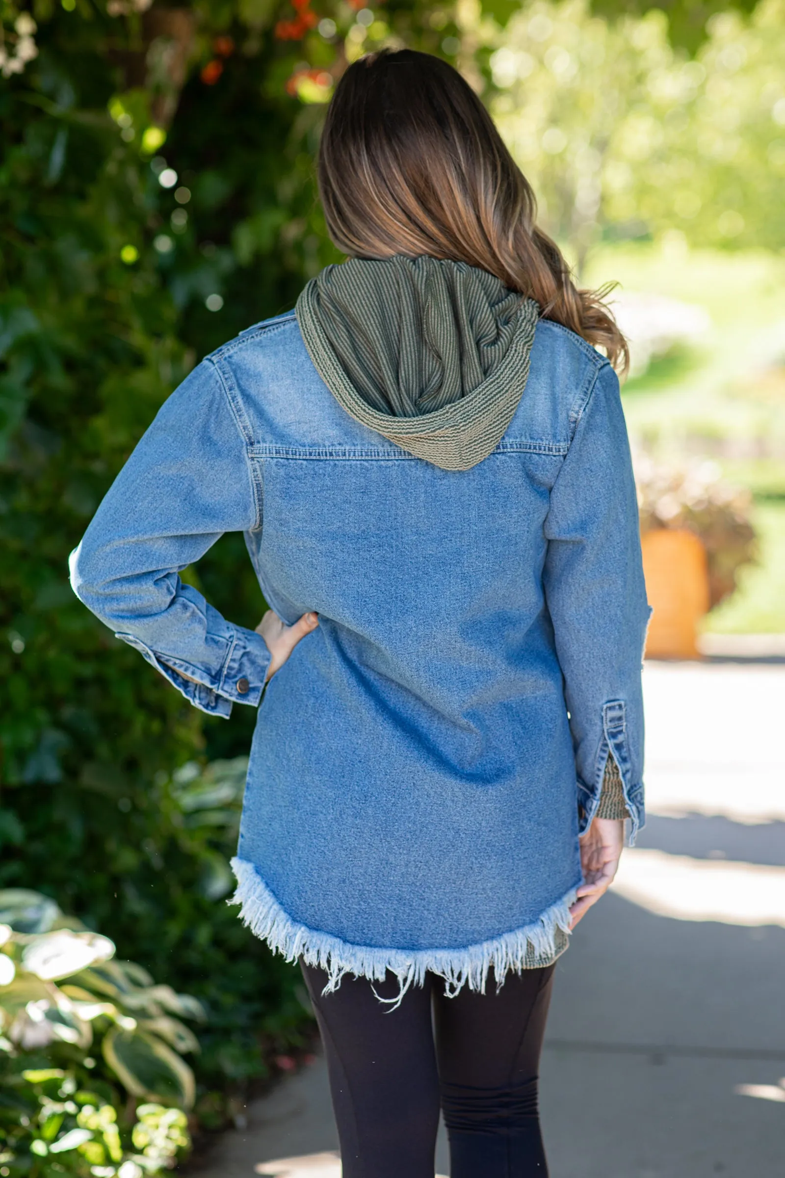 Medium Wash Frayed Hem Denim Jacket