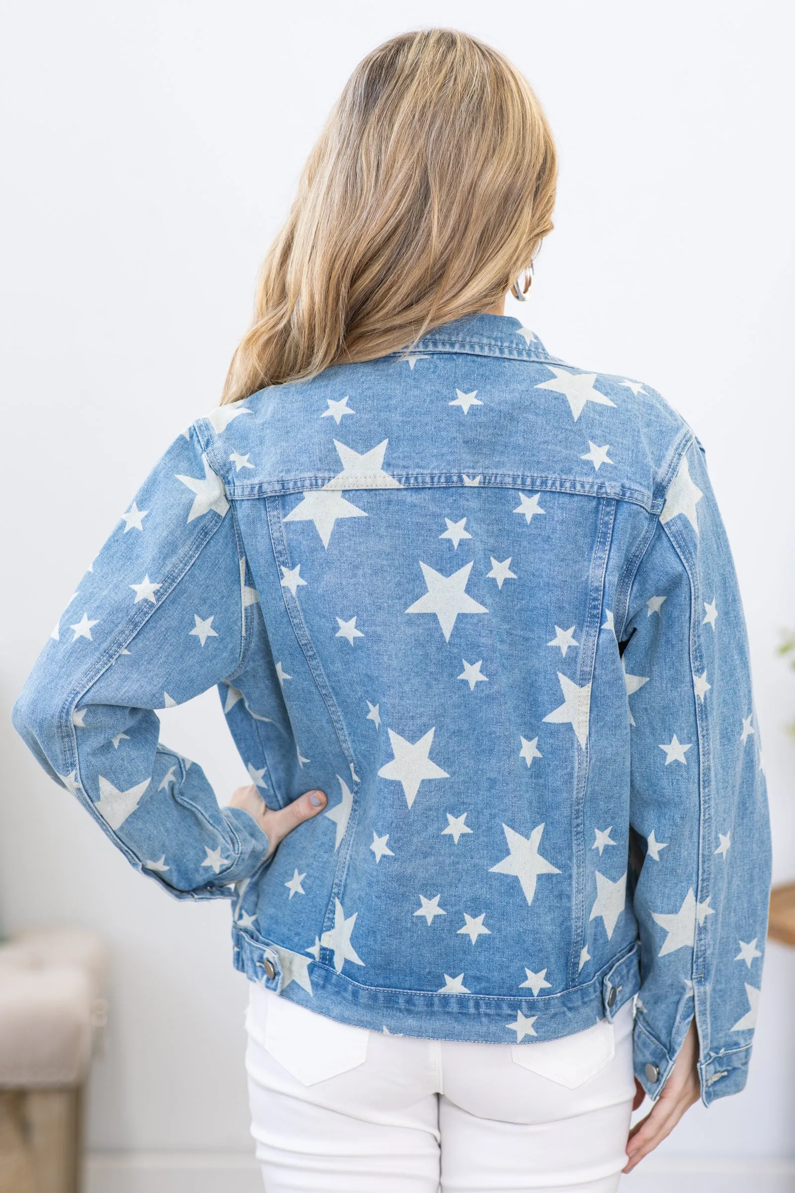 Medium Wash Star Print Denim Jacket