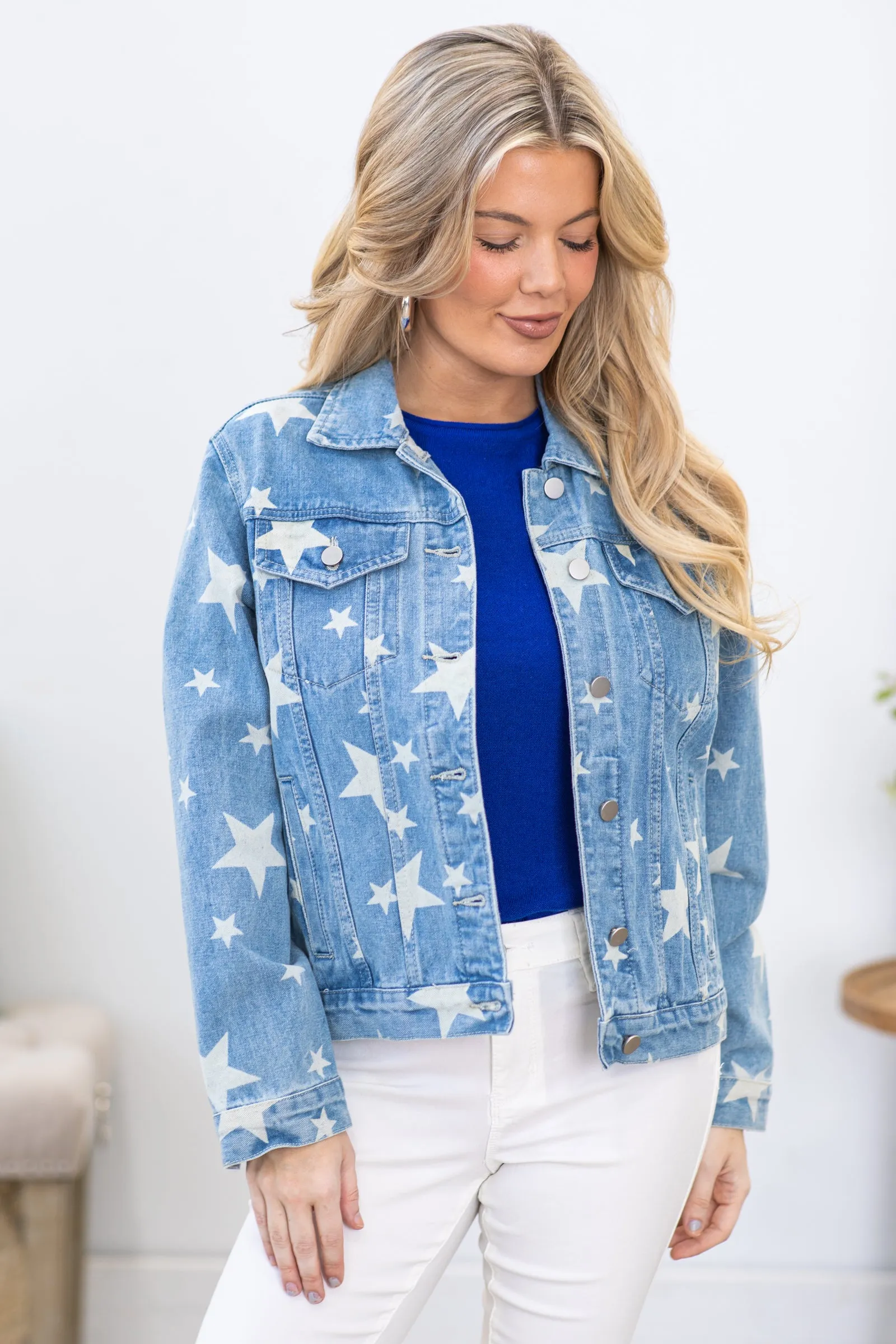 Medium Wash Star Print Denim Jacket