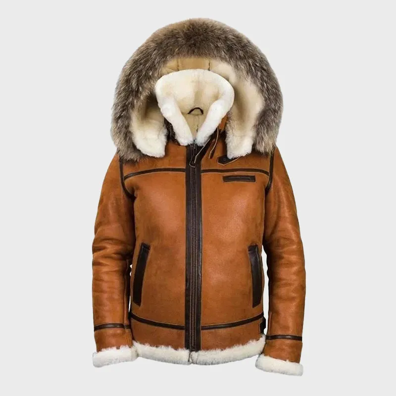 Men's Brown B3 RAF Flight Bomber Aviator Real Sheepskin Shearling Leather Jacket