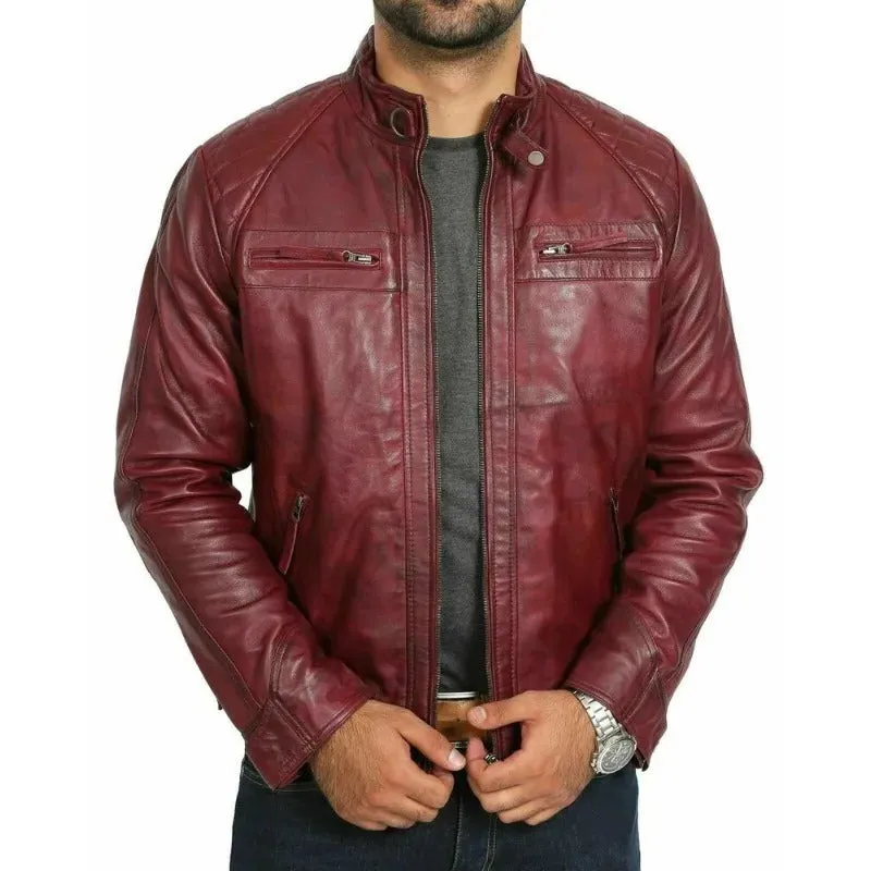 Mens Burgundy Leather Biker Jackets