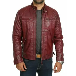 Mens Burgundy Leather Biker Jackets