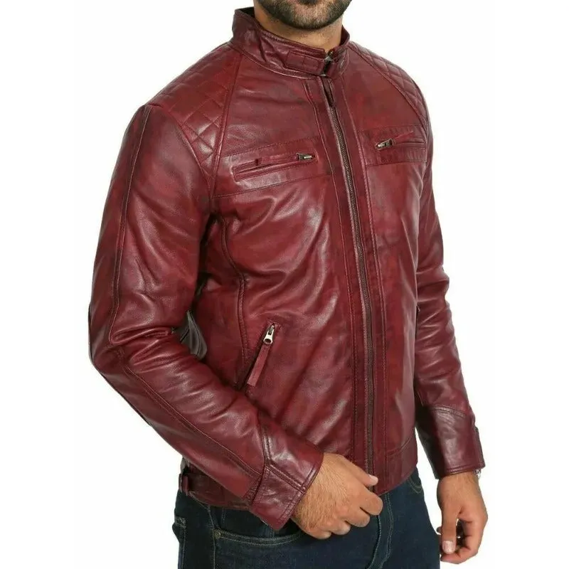 Mens Burgundy Leather Biker Jackets