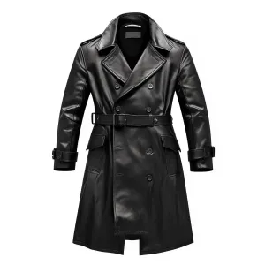 Mens Mini Trench Coat Knee Length Leather Trench Coat Double Breasted Leather Jacket Water Resistant Storm Flap Lepal Collar Multipockets Genuine Leather Jackets For Men