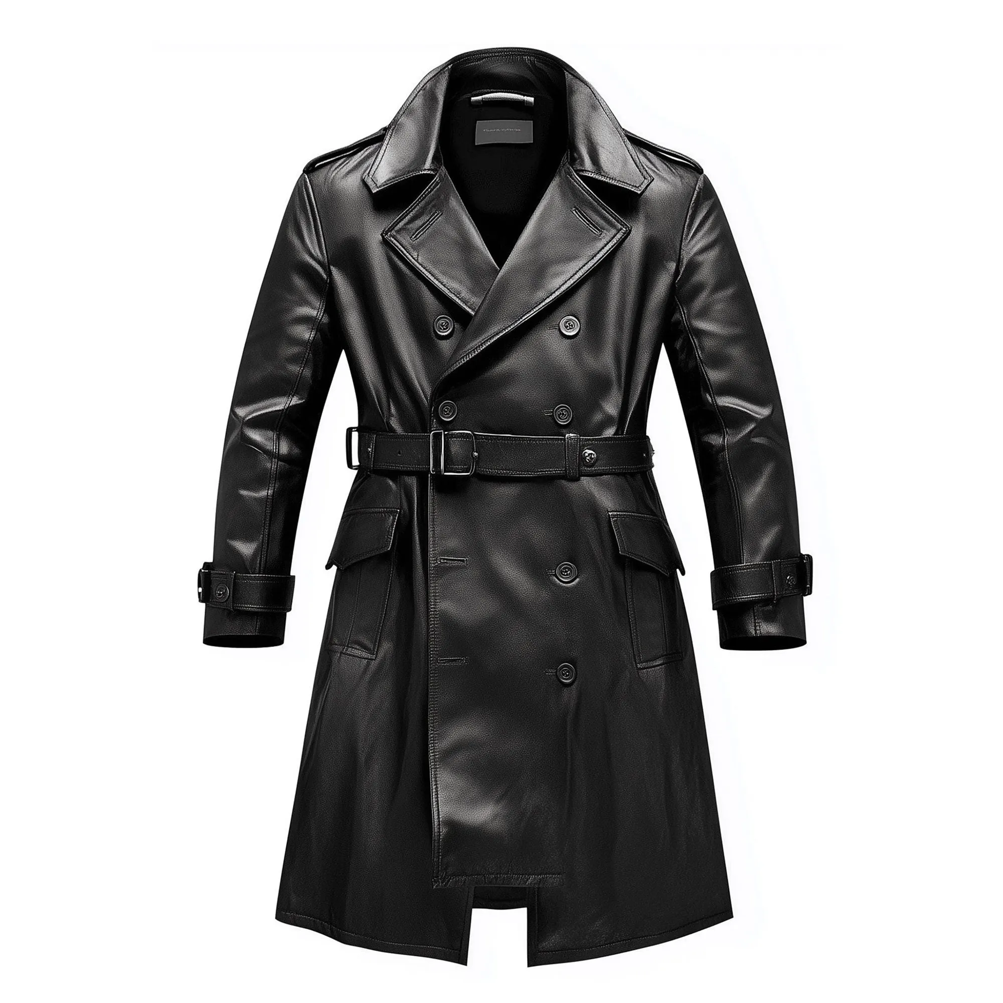 Mens Mini Trench Coat Knee Length Leather Trench Coat Double Breasted Leather Jacket Water Resistant Storm Flap Lepal Collar Multipockets Genuine Leather Jackets For Men