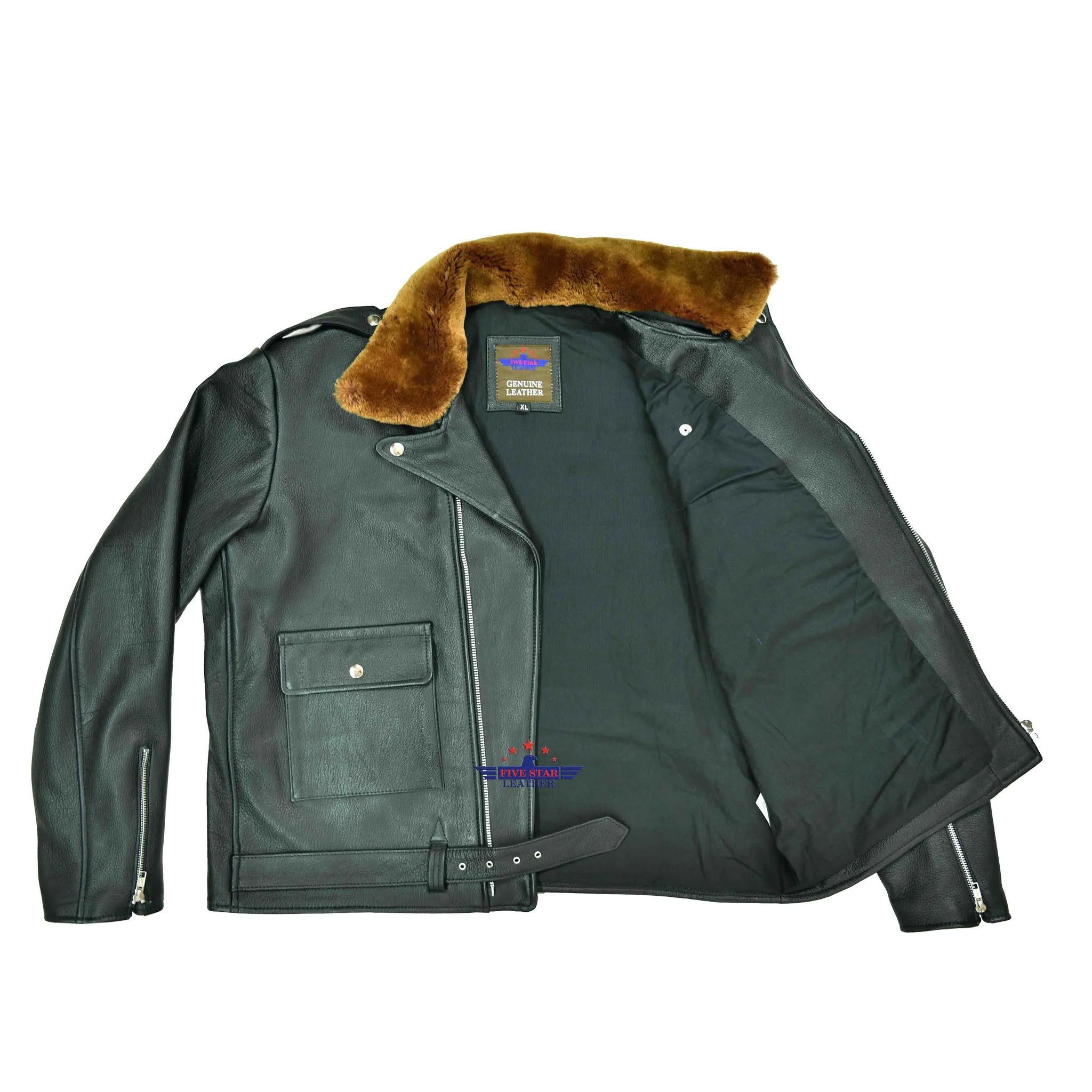MEN'S MOTORBIKE REAL GOATSKIN VINTAGE CLASSIC JACKET WITH REMOVABLE FUR COLLAR